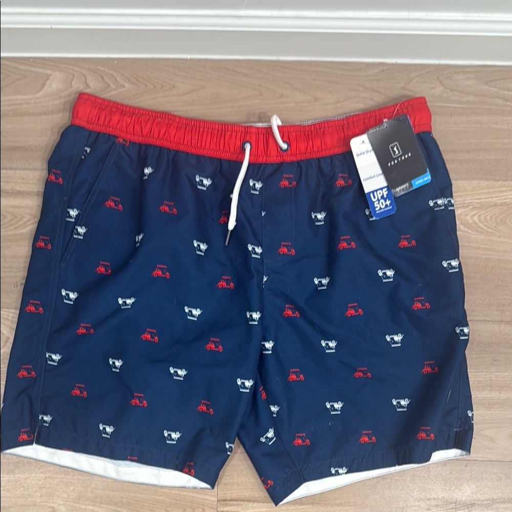 PGA Tour Blue and Red Swim Trunks with Golf Cart Design